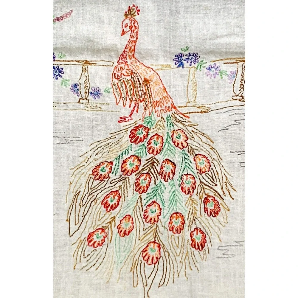 Vintage PEACOCK, Fence & Urn Table Runner Dresser Scarf 36
